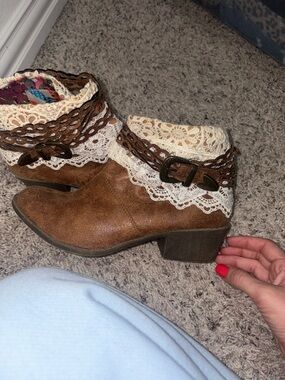 Brown Lace-Trim Ankle Booties with Buckle Strap